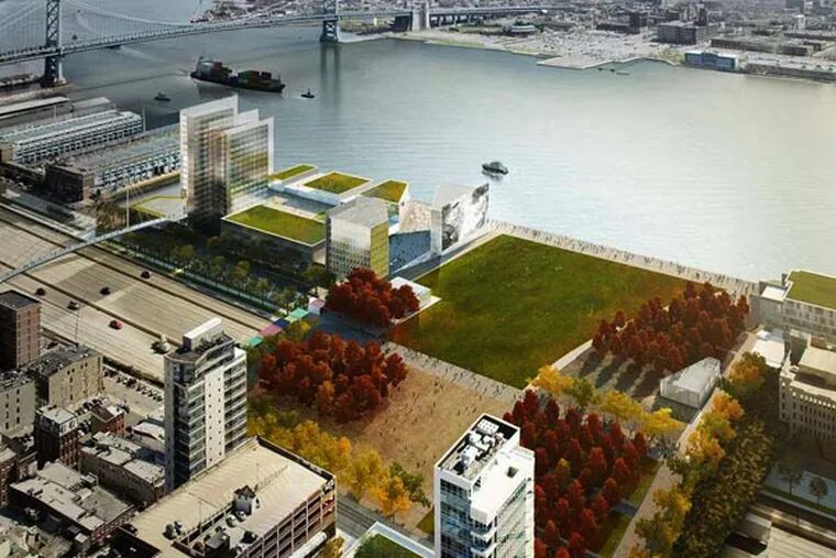 Penn's Landing Park, looking east, under a proposal by one of the four teams reviewed by the city. (KieranTimberlake/Brooklyn Digital Foundry)