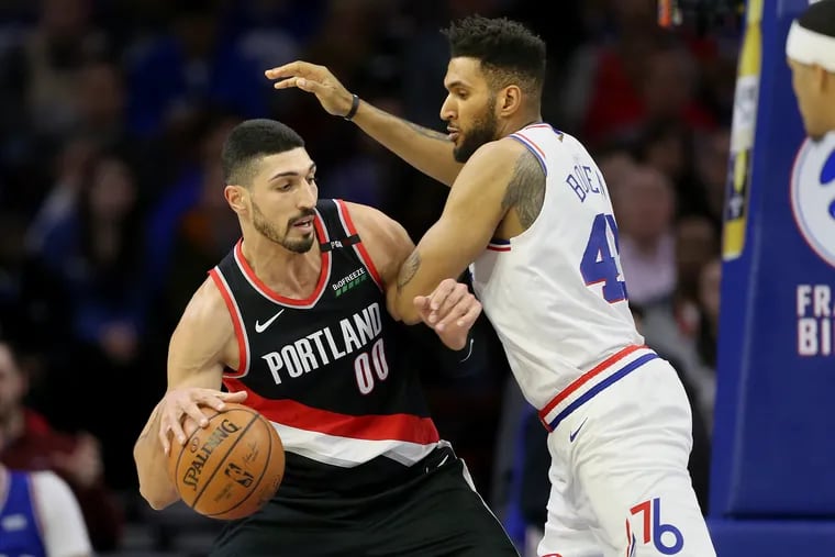 The Sixers' Jonah Bolden (43) defending against the Trail Blazers' Enes Kanter during a game last month.