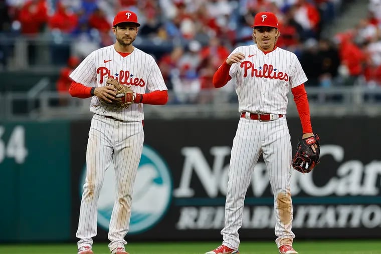 The Phillies have never had a shortstop and second baseman steal 25 bases in the same season. Bryson Stott, right, has 29, and Trea Turner, left, has 28 entering the weekend.