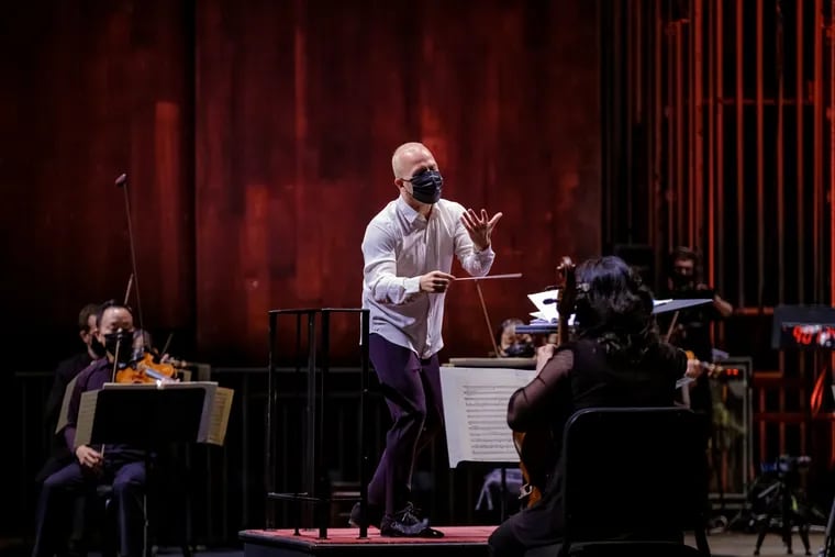 Conductor Yannick Nezet-Seguin with the Philadelphia Orchestra at the Mann Center in Sept., 2020, recording for the orchestra's 2020 online opening night gala.