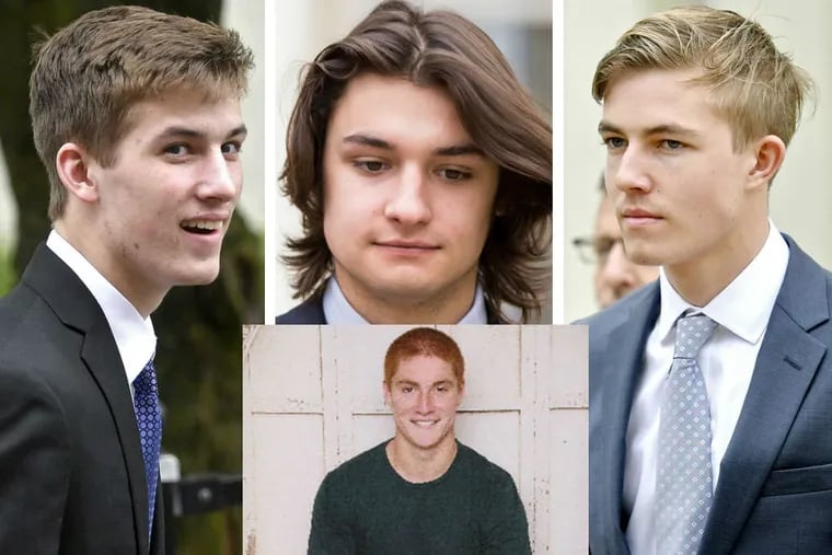 Tim Piazza, 19, (inset) died after falling down stairs at a fraternity on pledge night 2017 at Pennsylvania State University. Three former fraternity brothers were sentenced to jail Tuesday for their roles in Piazza's hazing death - Michael Bonatucci (left), Joseph Sala (middle) and Luke Visser (right). (File photos by Abby Drey / Centre Daily Times and Evelyn Piazza)