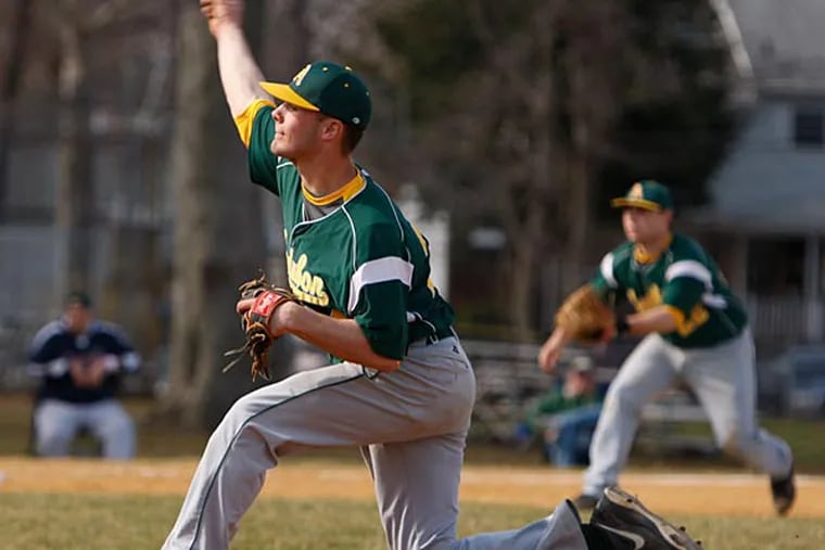 Audubon's starting pitcher Austin Tassi delivers a pitch against Bishop Eustace in the championship game of the 18th Annual Ralph Shaw  Memorial Tournament at Audubon High School on Sunday, April 7, 2013.  (Ron Cortes/ Staff Photographer)
