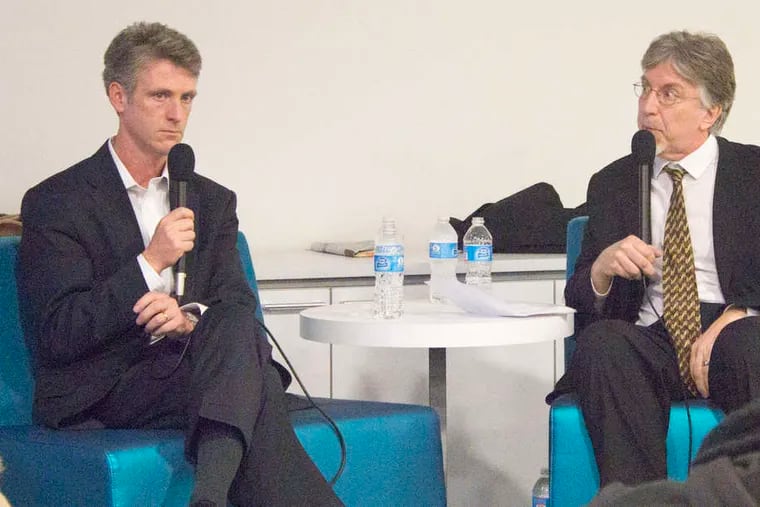 Tom McGrath (left), editor of Philadelphia magazine, spoke at a panel discussion at The Philadelphia Inquirer with Robert Huber, who wrote the controversial article "Being White in Philly" in 2013.