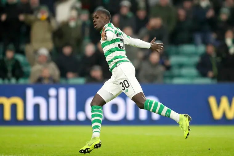Celtic's Tim Weah celebrates scoring his first goal for the team.