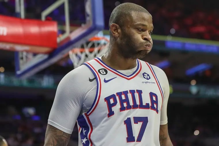 The Sixers' P.J. Tucker reacts in frustration during a game at the Wells Fargo Center.