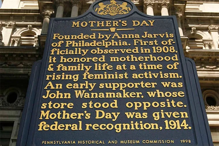 A plaque on Market Street near City Hall honors Anna Jarvis of Philadelphia as the founder of Mother's Day. (Charles Fox/Staff Photographer)