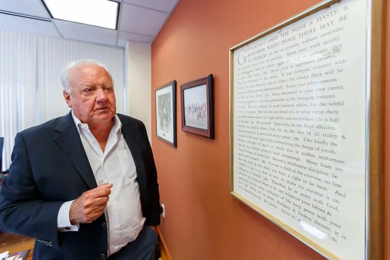 Patrick O'Connor, outgoing chairman of Temple University's board of trustees, keeps a framed copy of the poem â€œDesiderataâ€ in his office and reads it often.
