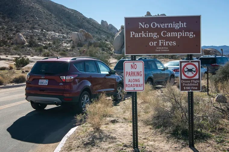 In Joshua Tree National Park in California, the government shutdown means that drivers park illegally in a fire lane despite clear signage at the Ryan Mountain trailhead.  Photo: Stuart W. Palley / Washington Post News Service