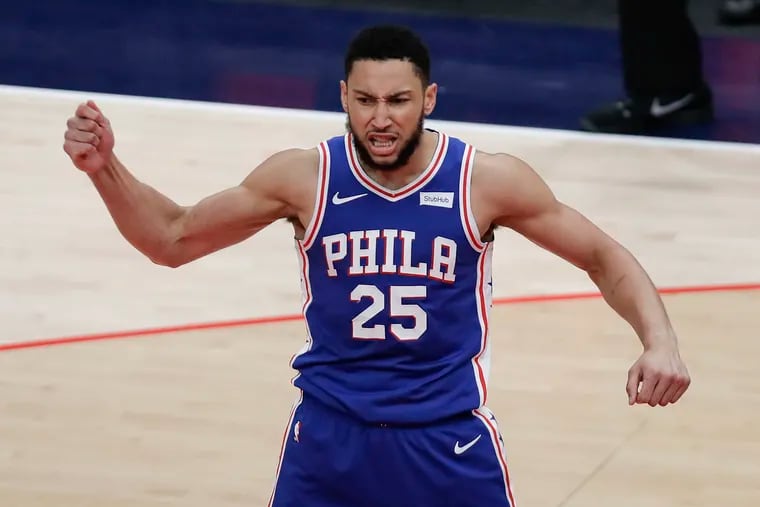 Sixers guard Ben Simmons cheers after getting fouled and making the basket against the Wizards in the first quarter on Monday. He has struggled mightily making free throws in this series.