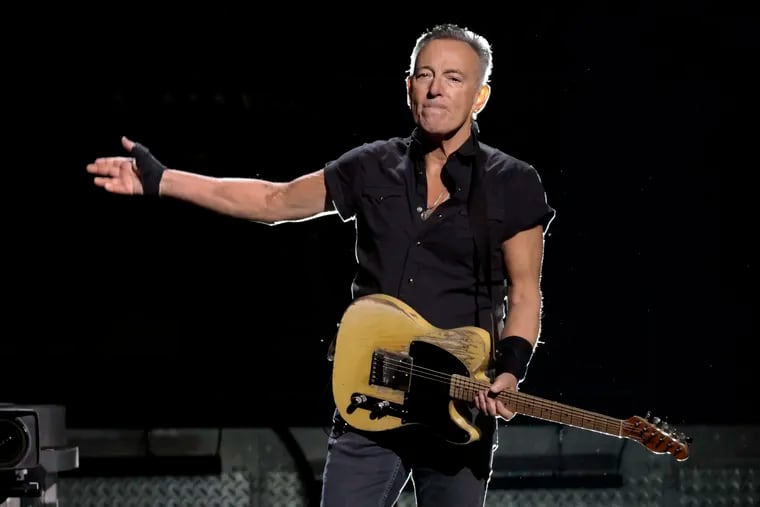 Bruce Springsteen with tears in his eyes when he first appeared on stage with the E Street Band during their 2023 tour stop at the Wells Fargo Center in Philadelphia on Thursday, March 16, 2023.