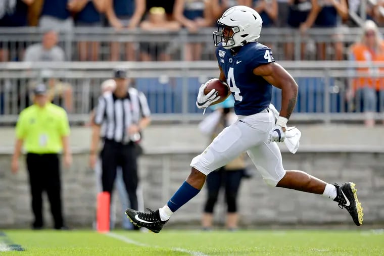 Penn State running back Journey Brown scores on a 23-yard run for the first touchdown of the season during action against Idaho at Beaver Stadium in University Park, Pa., on Saturday, Aug. 31, 2019.
