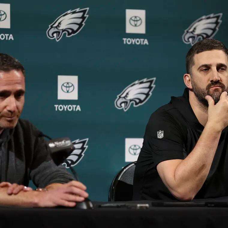 Eagles head coach Nick Sirianni and general manager Howie Roseman take questions during a press conference on Jan. 24.