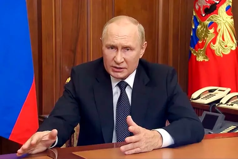 This image taken from video released by the Russian Presidential Press Service shows Russian President Vladimir Putin addressing the nation Wednesday. Four occupied regions in eastern and southern Ukraine are set to start voting Friday in referendums on whether to become part of Russia.