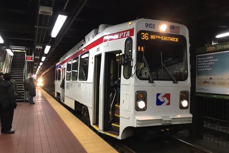 A SEPTA trolley at 30th Street Station in February 2017.