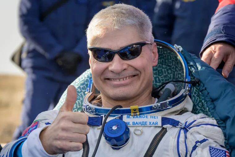 NASA astronaut Mark Vande Hei is seen outside the Soyuz MS-19 spacecraft after he landed with Russian cosmonauts Anton Shkaplerov and Pyotr Dubrov in a remote area near the town of Zhezkazgan, Kazakhstan.