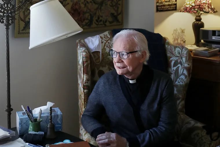 Msgr. Michael Doyle in his Camden home in 2020 after he retired from serving as pastor of Sacred Heart Church in Camden for 46 years.