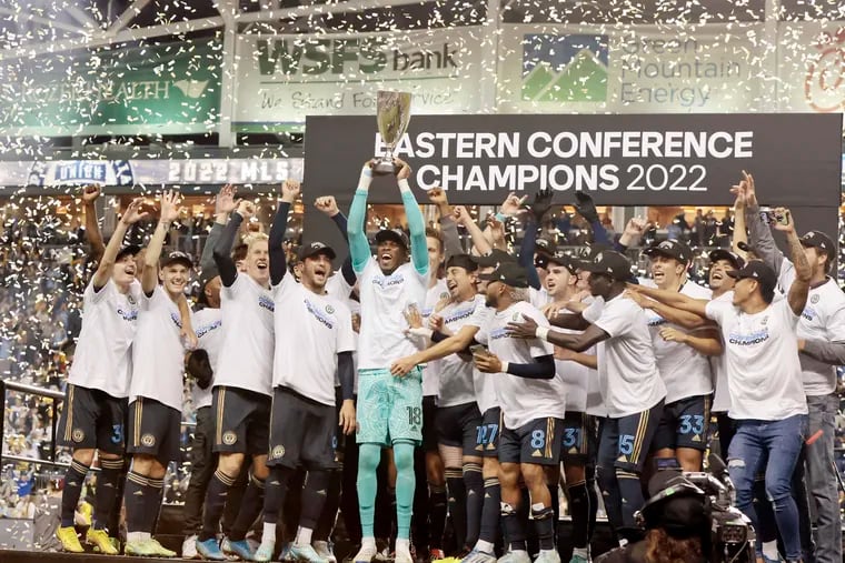 The Union celebrate after winning the 2022 MLS Eastern Conference final at Subaru Park.