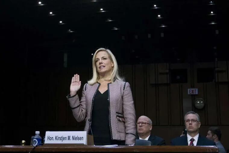 Homeland Security Secretary Kirstjen Nielsen is sworn in before the Senate Judiciary Committee on Capitol Hill last Tuesday.