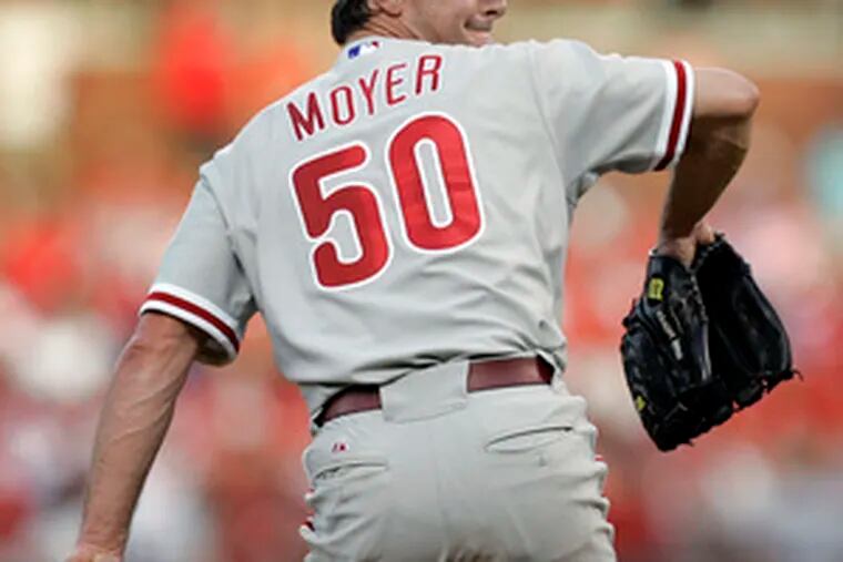 Phillies lefthander Jamie Moyer delivers in victory over Cardinals at Busch Stadium.