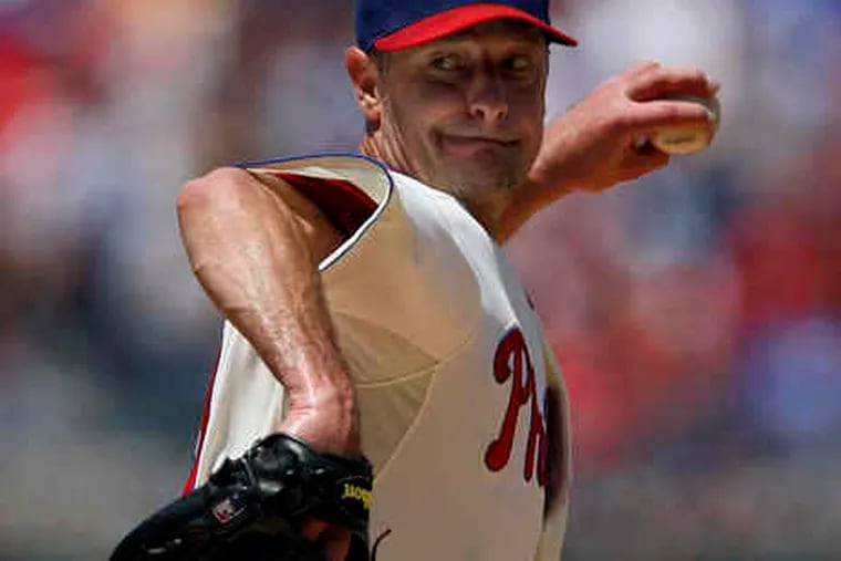 The Phillies' Jamie Moyer delivers in the first inning against the Nats. He has won 216 games after his 30th birthday