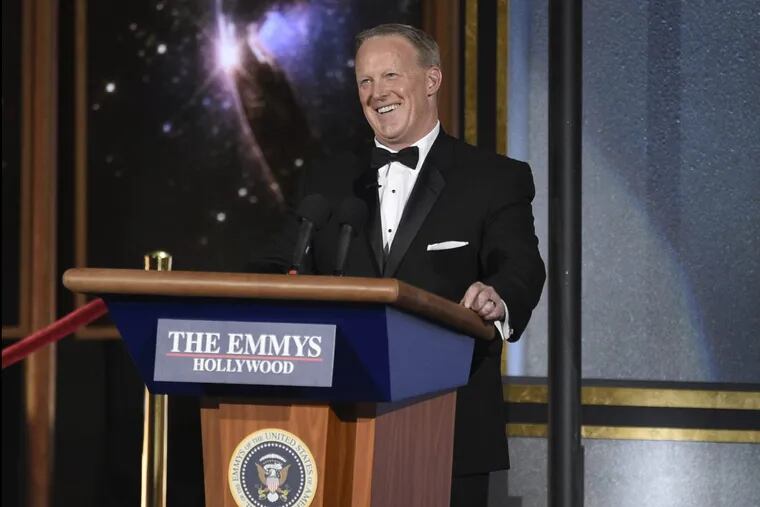 Sean Spicer speaks at the 69th Primetime Emmy Awards on Sunday, Sept. 17, 2017, at the Microsoft Theater in Los Angeles.