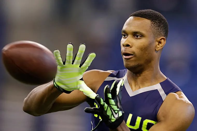 Vanderbilt wide receiver Jordan Matthews makes a catch during a drill at the NFL football scouting combine in Indianapolis, Sunday, Feb. 23, 2014. (Michael Conroy/AP)