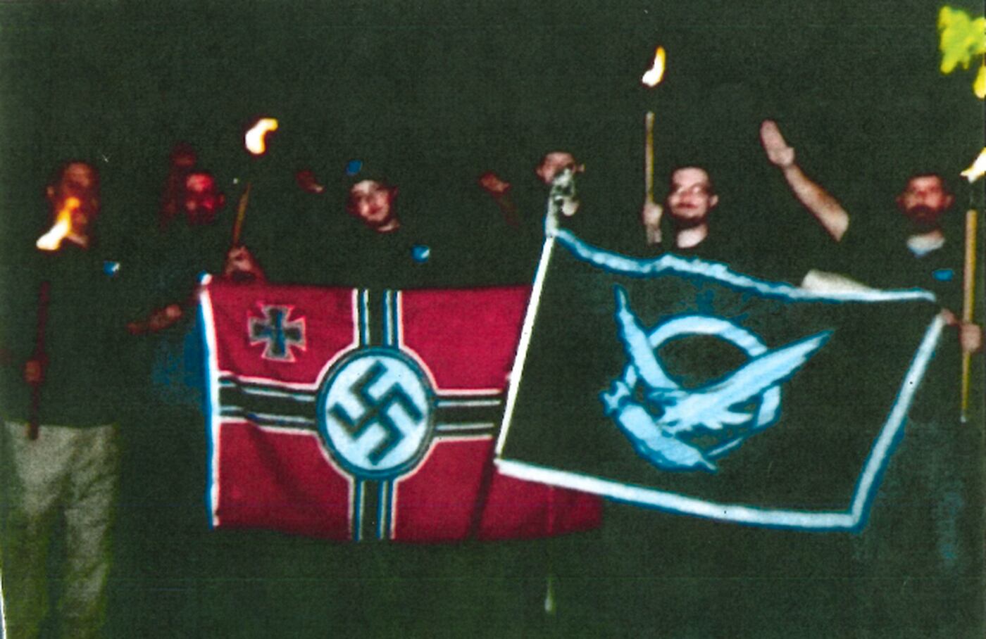 This photo taken from one of Fred C. Arena's social media accounts depicts him at the 2017 "Unite the Right" rally in Charlottesville, Va., where clashes between white supremacists and counterprotesters left one woman dead.