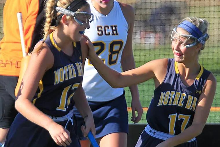 Notre Dame's Sophie Graeff (left) is congratulated by teammate Amanda Odgers after a goal. (Charles Fox/Staff Photographer)