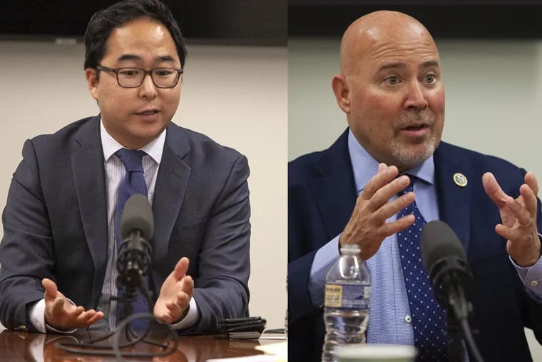 Andy Kim, .Publish Caption<br/>
Andy Kim, ( left) Democratic candidate for New Jersey's Third Congressional District, and ongressman Tom MacArthur meet with members of the editorial board and reporters at the Philadelphia Media Network office on Tuesday, Sept. 25, 2018.