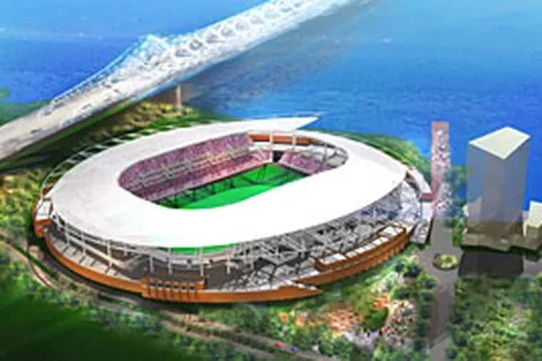 An artist's conception of the soccer stadium, located next to the Commodore Barry Bridge on the Chester waterfront.