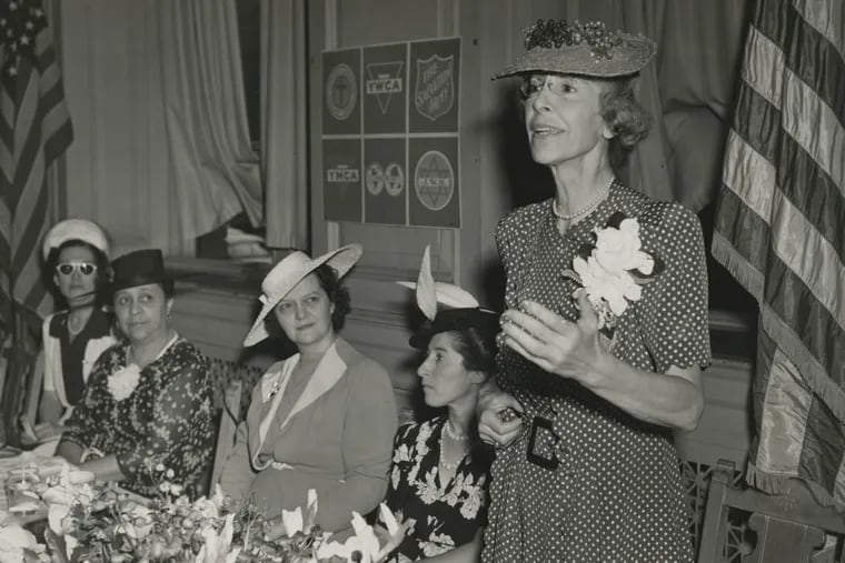 Gertrude Ely speaking at a luncheon of the residential committee of the Philadelphia USO project, circa 1942.