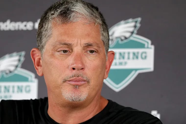 Eagles' defensive coordinator Jim Schwartz talks to reporters during the Philadelphia Eagles training camp at the NovaCare complex in Philadelphia, PA on July 31, 2018. DAVID MAIALETTI / Staff Photographer