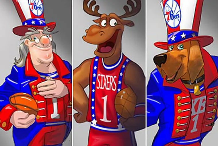 Sixers fans can choose Big Ben (left), Phil E. Moose (center), or B. Franklin Dogg (right) to be the next mascot.