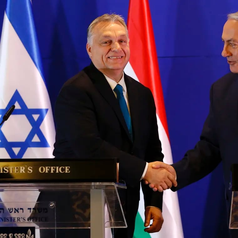 Hungarian Prime Minister Viktor Orbán (left) and Israeli Prime Minister Benjamin Netanyahu attend a news conference in Jerusalem in February 2019.