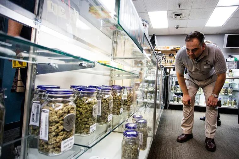 State Sen. Nick Scutari looks at a case of medical marijuana at Medicine Man Denver during lawmakers’ trip to Colorado.