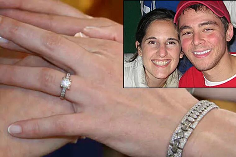 Jessica Foster's engagement ring - a four-pronged round diamond, with four diamonds in a rail setting - was lost in the snow. Inset, Jessica and her husband, Emil Steiner.