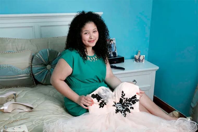 Madelyn Rosario, 17, with her prom dress, by B. Darlin, from Macy's. Her look will include (inset) Anne Klein shoes and Francesca's Collections accessories.
