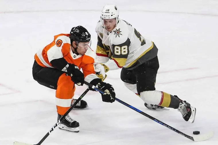 The Flyers' Ivan Provorov (left) keeps the puck from the Vegas Golden Knights' Nate Schmidt in 2018. Schmidt, a defenseman, could be on the trade market.