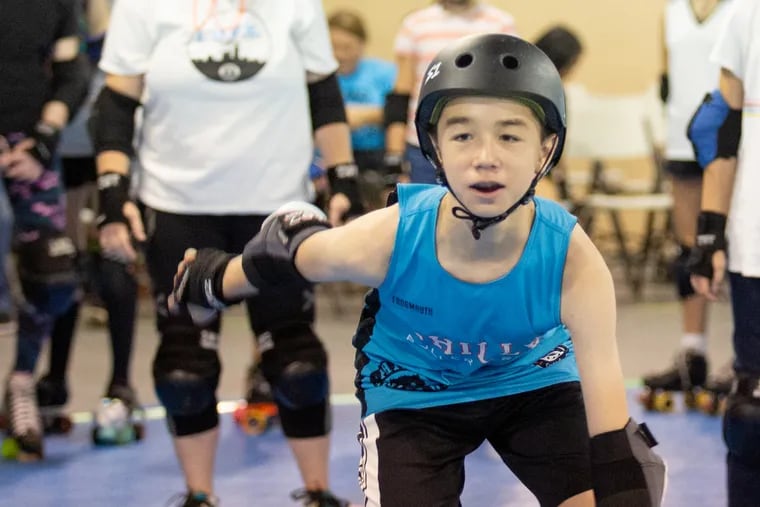 Tyler Rogers skates at an open house at Philly Roller Derby Juniors practice space in Germantown, September 8, 2019. Philly Roller Derby JuniorÕs All-Star team won a Silver medal in early August at the Junior Roller Derby Association (JRDA)Õs International Championship tournament in Loveland, Colorado.