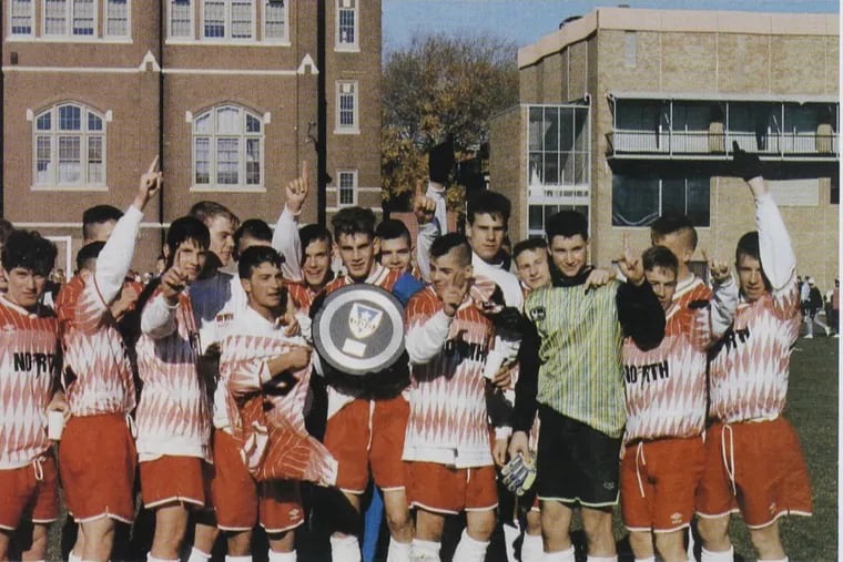 Billy Seifert, in green shirt, poses with the rest of the North Catholic boys' soccer team after they won the 1990 Catholic League title. Seifert died in June and his buddies will honor him this weekend in North Wildwood.