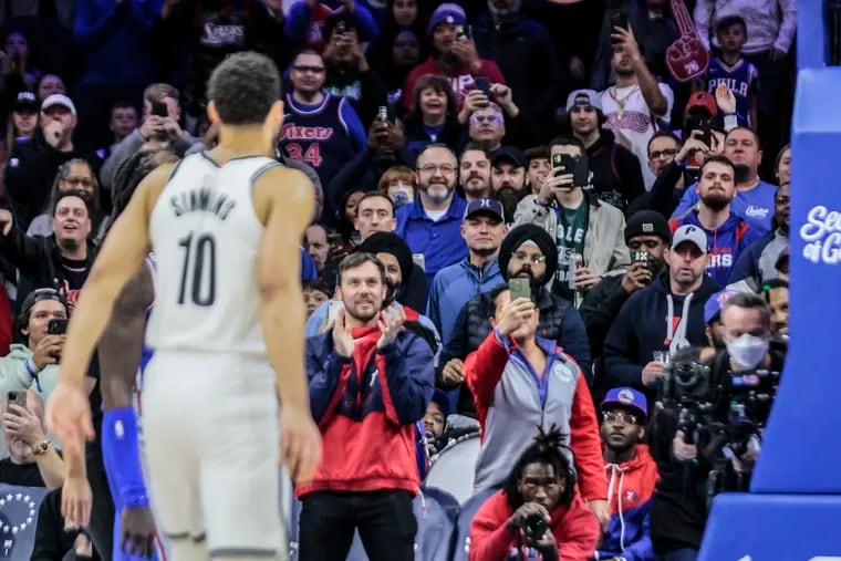 Sixers fans boo Nets Ben Simmons while shooting a foul shot during the 1st quarter at the Wells Fargo Center in Philadelphia, Tuesday,  November 22, 2022.