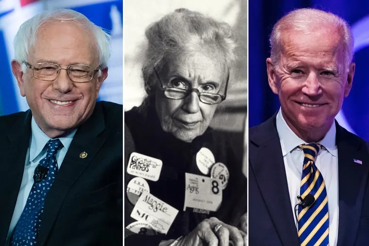 Democratic Presidential contender Bernie Sanders (left) is the oldest in the field at 77, followed closely by Joe Biden (right) at 76. They flank Maggie Kuhn, the Philadelphian who organized the Gray Panthers in a reaction to being forced out of a job she loved at age 65. She lived to be 89.