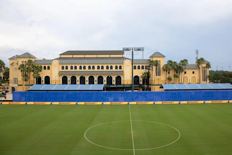A view of the main competition field for Major League Soccer's tournament at Disney's ESPN Wide World of Sports complex in Orlando. The blue screen will have advertising and other content superimposed on it during TV broadcasts.