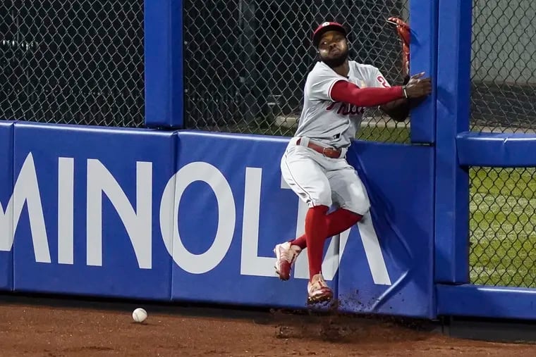 Phillies center fielder Roman Quinn was placed on the 7-day injured list after suffering a concussion Saturday night on this play against the New York Mets at Citi Field.