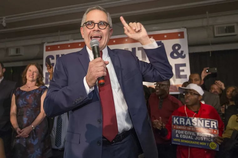 Democratic nominee Larry Krasner makes a speech after winning the election to be the next Philadelphia District Attorney on Nov. 7, 2017.