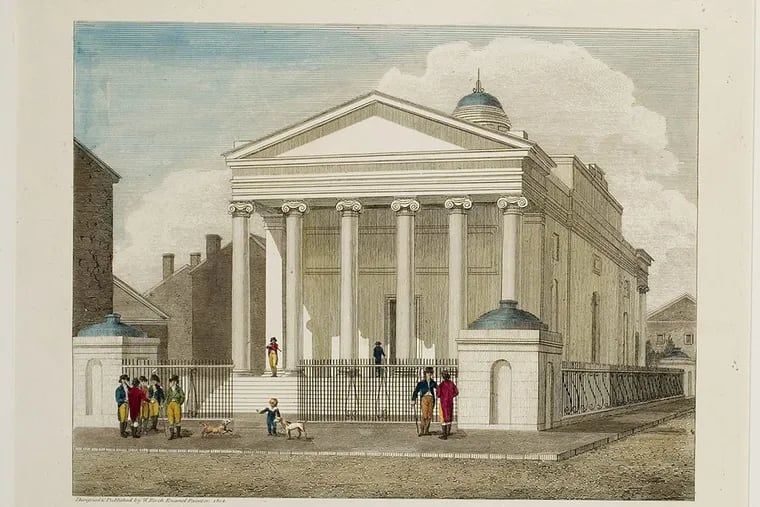 Detail from William Russell Birch's hand-colored engraving, "Bank of Pennsylvania, South Second Street Philadelphia, Designed & Published by W. Birch Enamel Painter 1804" at the Library Company of Philadelphia.