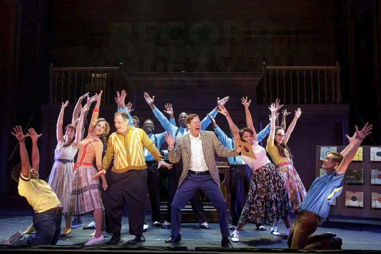 Alan Campbell (center) and cast in “Rock and Roll Man: The Alan Freed Story” at the Bucks County Playhouse.