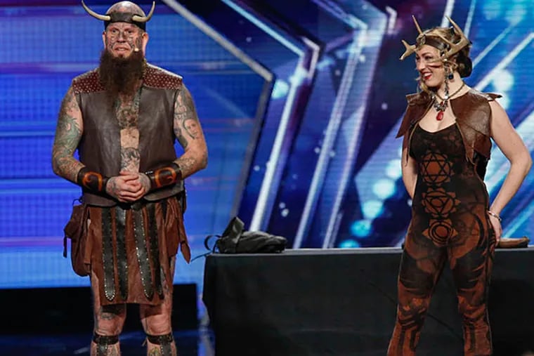 Titano Oddfellow -- aka Shane Lanes -- performs for judges on "America's Got Talent," with Madeleine Belle. (Photo: Eric Liebowitz/NBC)