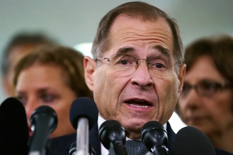FILE - In this Sept. 28, 2018, file photo, House Judiciary Committee ranking member Jerry Nadler, D-N.Y., talks to media during a Senate Judiciary Committee hearing on Capitol Hill in Washington. Nadler, the top Democrat on the House Judiciary Committee says he believes it would be an "impeachable offense" if it's proven that President Donald Trump directed illegal hush-money payments to women during the 2016 campaign. But Nadler, who’s expected to chair the panel in January, says it remains to be seen whether that crime alone would justify Congress launching impeachment proceedings. (AP Photo/Carolyn Kaster, File)