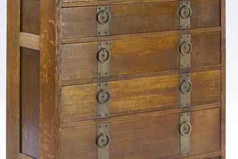 An unusual Gustav Stickley bedroom piece, a tall chest of drawers with ring pulls on strap hardware, could bring $4,000 to $6,000 at Rago.